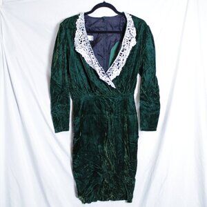 Vintage 80s Dark Green Velvet Dress with Lace Collar Small